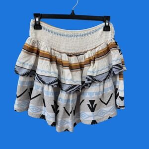 Sofia Mini Skirt M White‎ Blue Southwestern Smocked Ruffle Tiered Made In Italy